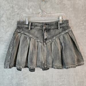 Socail Collision Black Denim Mini Skirt SZ L Rhinestone Pleated Y2K Goth Grunge